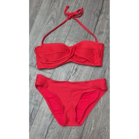 Kona Sol Red Twist Bandeua Ribbed 2pc.Bikini Swimsuit Women's Size Medium - Picture 1 of 4